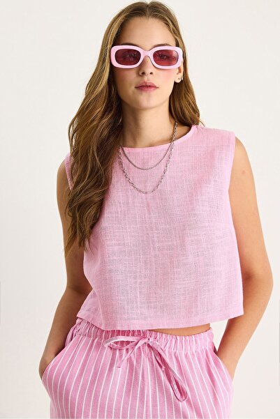 Hiccup Cropped round-neck blouse in linen blend