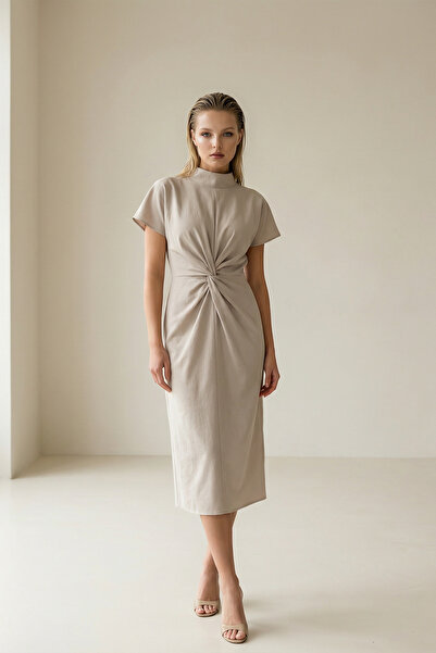 Setre Stone Knot Detailed, Short Sleeve Turtleneck Midi Dress