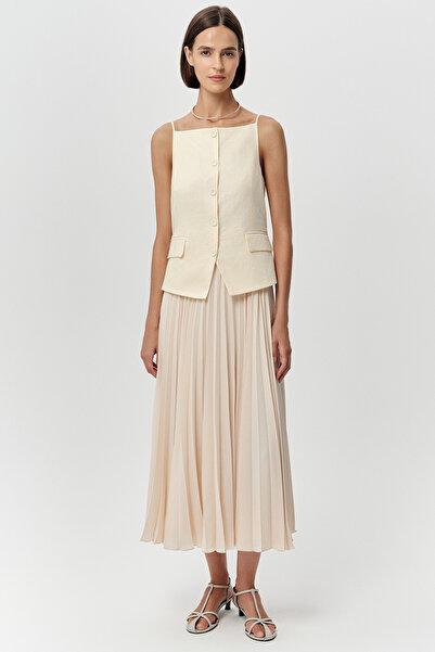 Exquise Sleeveless Pleated Linen Trim Regular Midi Dress