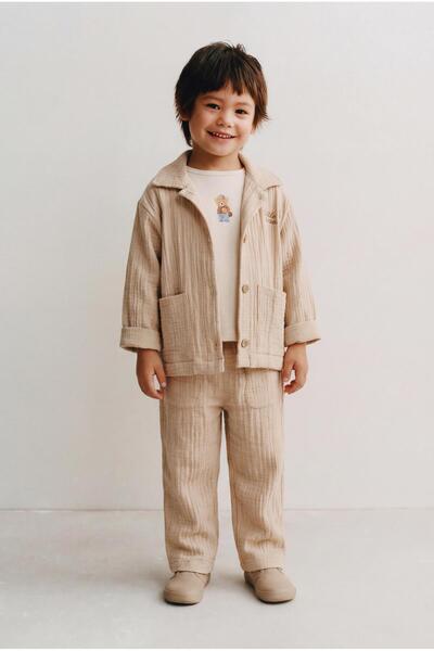 Magu Boy's Cotton Beige Muslin Jacket, T-Shirt and Pants Set