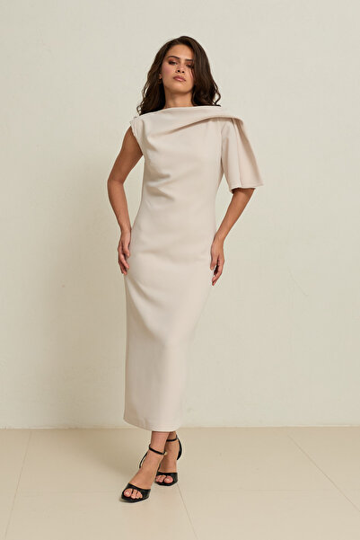 Setre Stone Shoulder and Collar Detailed Full-Fit Midi Dress