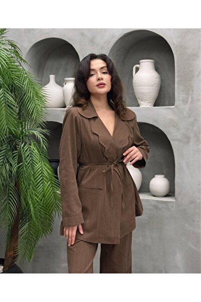 RESSHO Kadın İkili Kemerli Keten Blazer Takım