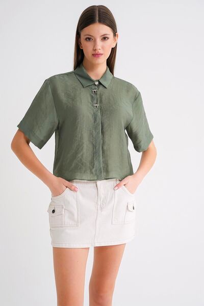 Hiccup Mixray short-sleeved crop shirt with stone accessories