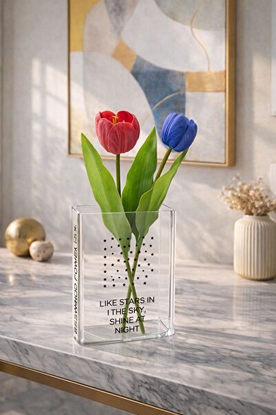 NEWNOW Set vază Mika și 2 flori de lalele – Vază decorativă transparentă – De...