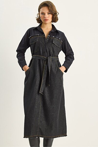 Hiccup LUCCI Denim midi dress with Patterned and shirt collar