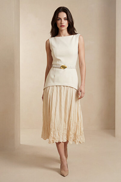 Setre Beige-Yellow Sleeveless Boat Neck Dress with Waist Belt