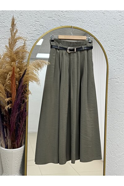 MİHRA STORE Luna Pleated Belted Modal Skirt-Bn4610 Khaki