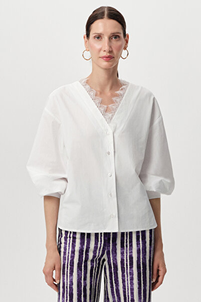 Exquise V-Neck Ruched Long Sleeve Buttoned Regular Poplin Shirt