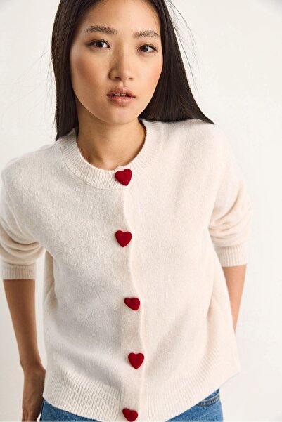 Hiccup LUCCI Regular Fit Ribbed Knitwear Cardigan with Heart Button Detailed