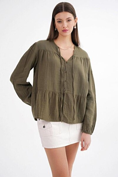 Hiccup Mixray blouse with long sleeves, loose fit and drawstring collar