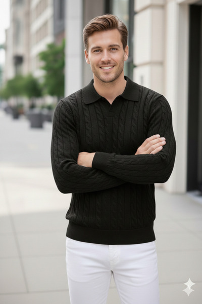 youknitwear you Riviera 100% Cotton Polo Collar Men's Sweater