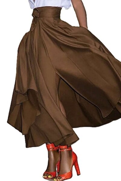 StreetWear Outlet Women's Skirt, Split Hem, A-Line, High Waist, Brown, XL