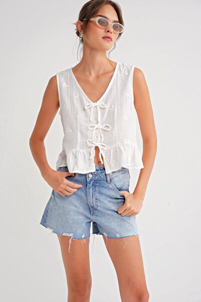 Hiccup Mixray textured V-neck crop top with bow