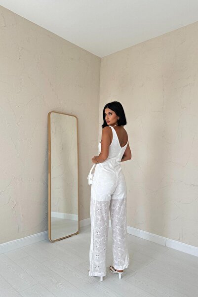 Rabona Fashion Beyaz Fisto Detaylı V Yaka Kadın Tulum