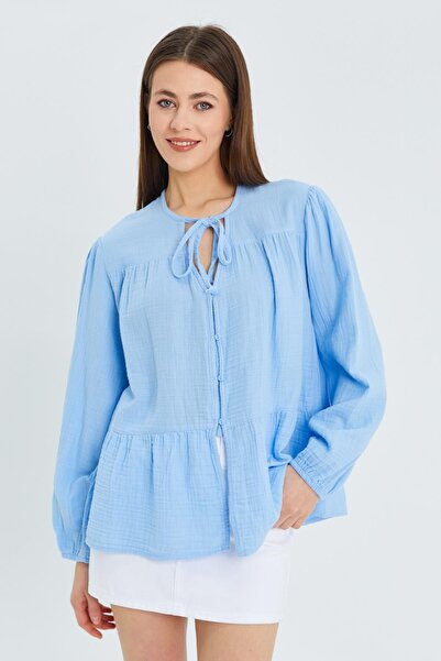 Hiccup Mixray blouse with long sleeves, loose fit and drawstring collar