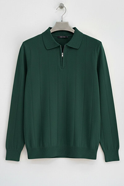 Edwox Men's Half Zipper Polo Collar Regular Fit Sweater Green Cd101