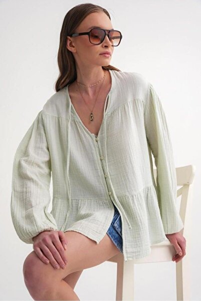 Hiccup Mixray blouse with long sleeves, loose fit and drawstring collar