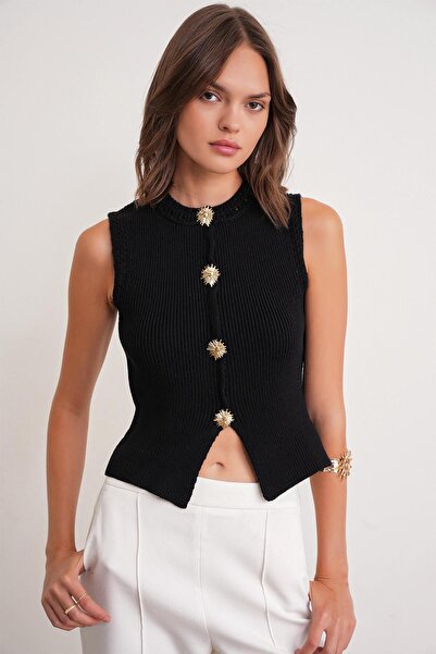 Hiccup Mixray ribbed textured knit crop top with button details