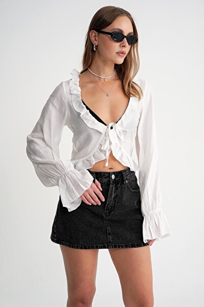 Hiccup Mixray ruffled long sleeve V-neck crop top