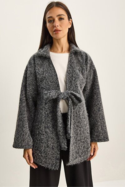 Hiccup LUCCI Textured Oversized V-Neck Tie Closure Cardigan