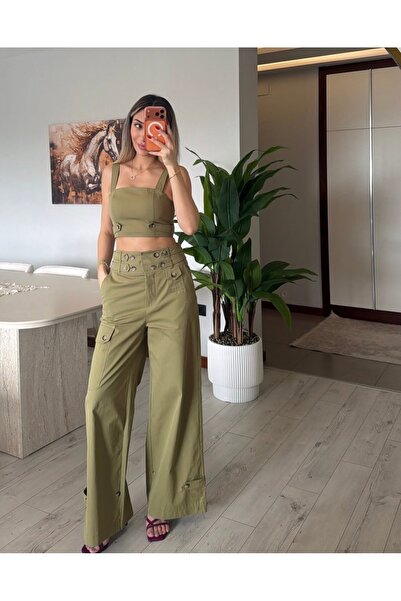 Jungle Düğme Detaylı Premium Kalite Tasarım Yeşil Pantolon Bluz Takım