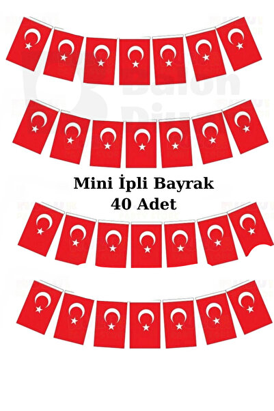 BALON DİYARI Mini İpli Bayrak 40li -Ay Yıldız- Türk bayrağı 23 nisan kutlama