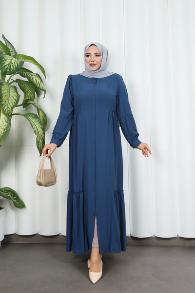 HNT Hayrunnisa Tesettür Ferace with Gathered Skirt and Sleeves Indigo Hnt 7057