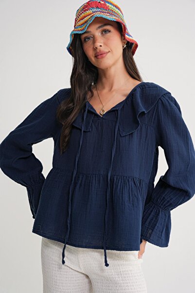 Hiccup Mixray Frill Shawl Collar Blues with Tie Closure