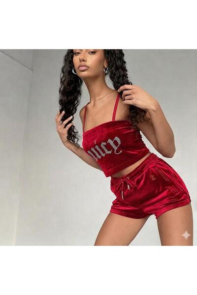 DENOKMODA Crush Stone Velvet Shorts and T-Shirt Set