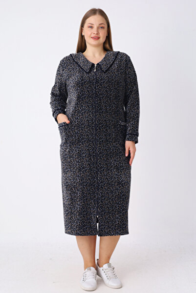 İntensive Women's Plus Size Patterned Cotton Velvet Long Sleeve Maxi Length D...