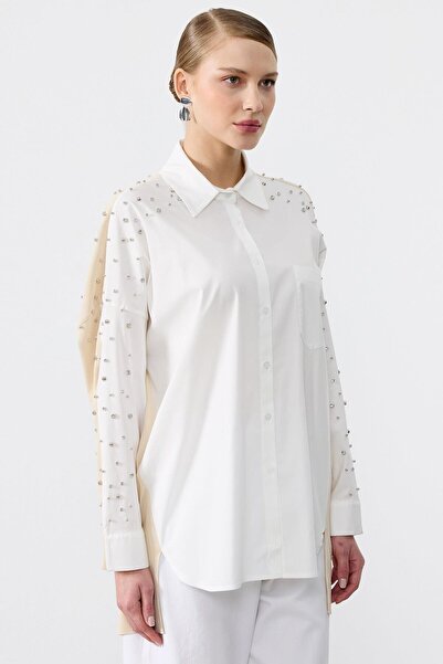 Tığ Triko Arkası Triko Kombinli Omuzları Taşlı Gömlek BEJ