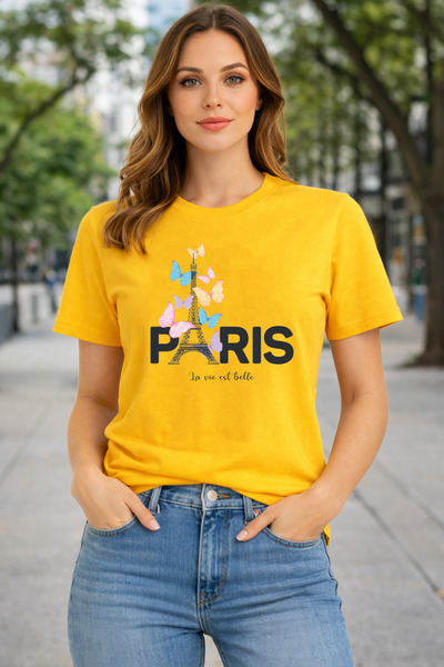 herkesemoda La Vie Est Print Detaljna Osnovni Majica