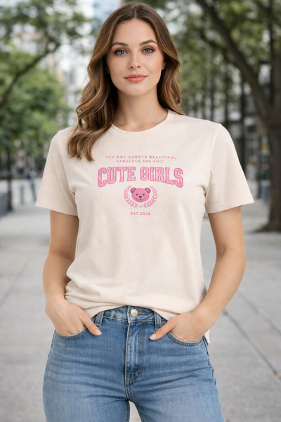 herkesemoda Cute Girls Print Detailed Basic T-Shirt