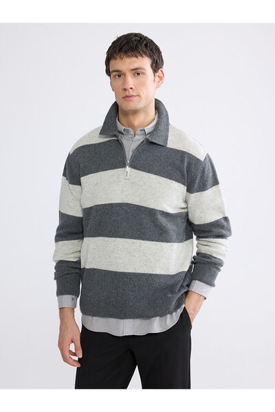 LC Waikiki Lcw Vision Gray Knitwear Striped Polo Collar Men's Sweater with Ne...