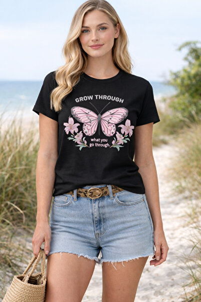 herkesemoda Grow through Print Detailed Basic T-Shirt