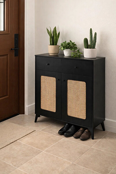 MARIA HOMES Modern Black Rattan Shoe Cabinet with Drawers Entryway Storage Or...