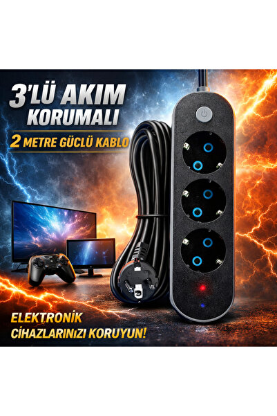 FIRSAT YOLU 3lü Akım Korumalı Priz Anahtarlı Parafudr Anti-Statik 3x1.5mm 2 M...