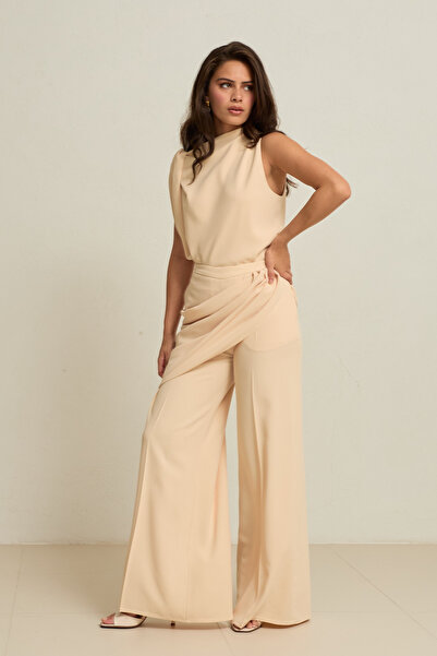 Setre Vanilla Tulle Draped Detail, High Waist Wide Leg Pants