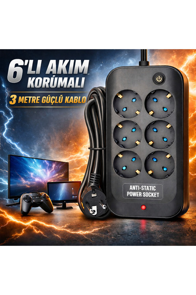 FIRSAT YOLU 6’lı Akım Korumalı Priz Anahtarlı Parafudr Anti-Statik 3x1.5mm 3 ...