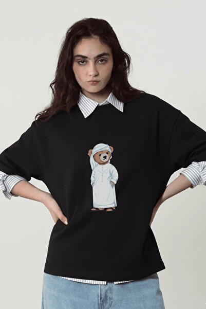 The Champ Clothing تي شيرت نسائي كبير الحجم مطبوع عليه دب إماراتي باللون الأس...