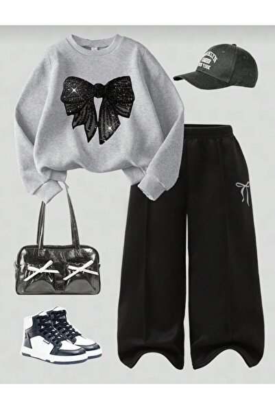 Kids 2 iplik üst gri sweatshirt Siyah kurdela baskılı Alt siyah geniş paça çi...