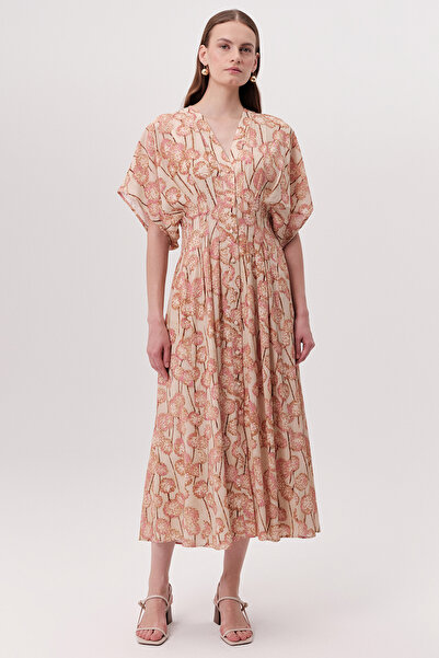 Exquise V-Neck Gipeli Waist-Fitted Buttoned Regular Midi Dress