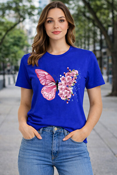 herkesemoda Розова пеперуда и цветен принт Детайлна базова тениска
