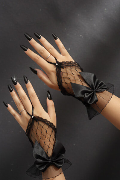 shop Siyah Fileli Dantel Eldiven - Parmaksız Fiyonk Detaylı Taşlı Eldiven - G...