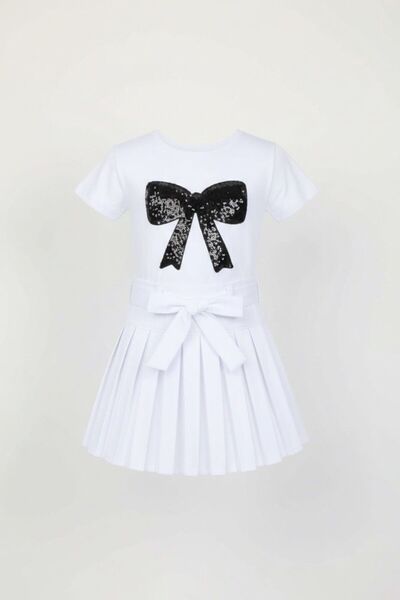 Astra Plus Fustă albă pentru fetițe, tricou cu detaliu panglică neagră, costu...