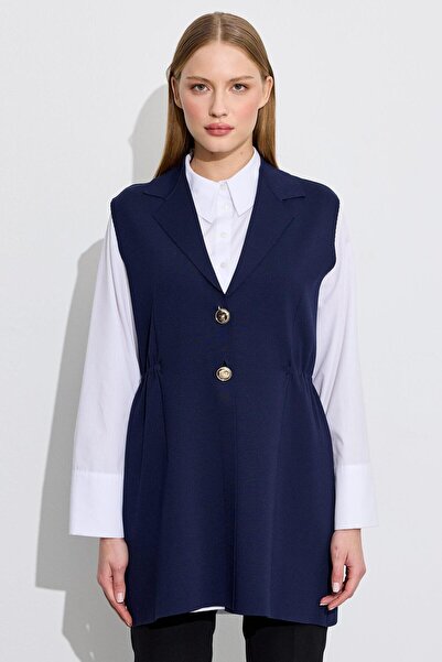 Tığ Triko Belden Büzgülü Rayon Yelek LACİVERT