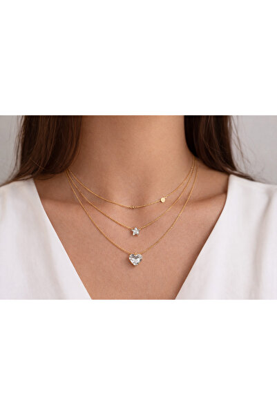 OEM Women's gold necklace set, 3 layers, heart pendant (crystal) + star, mini...