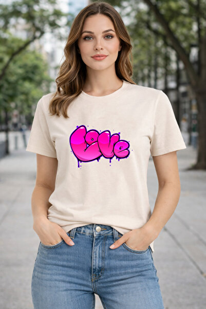 herkesemoda Basic T-Shirt with Love Print Detail
