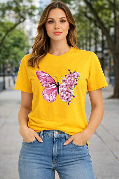 herkesemoda Basic T-Shirt with Pink Butterfly and Flower Print Detail
