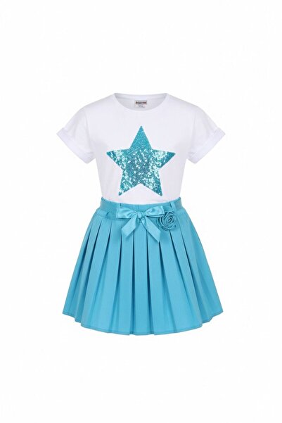 Astra Plus Fustă albastră și tricou cu detalii stea pentru fetițe, costum pen...